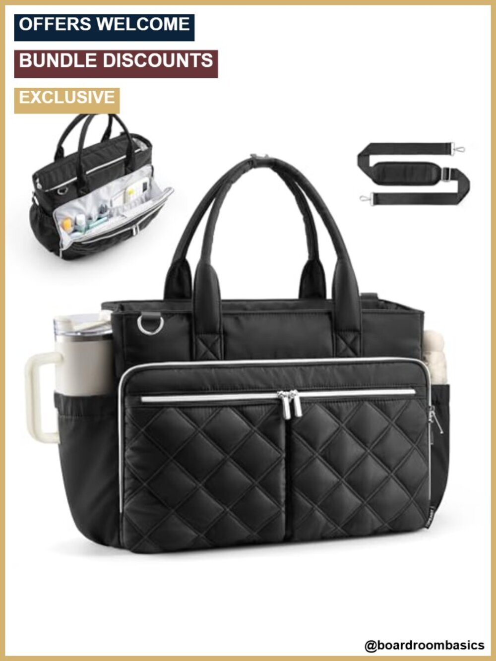 Quilted Puffer Tote Bag with Laptop Sleeve and Cup Holder